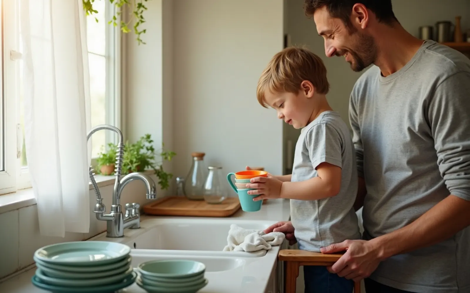 A young boy on a step stool at the kitchen sink, holding a stack of plastic cups, while his father stands beside him