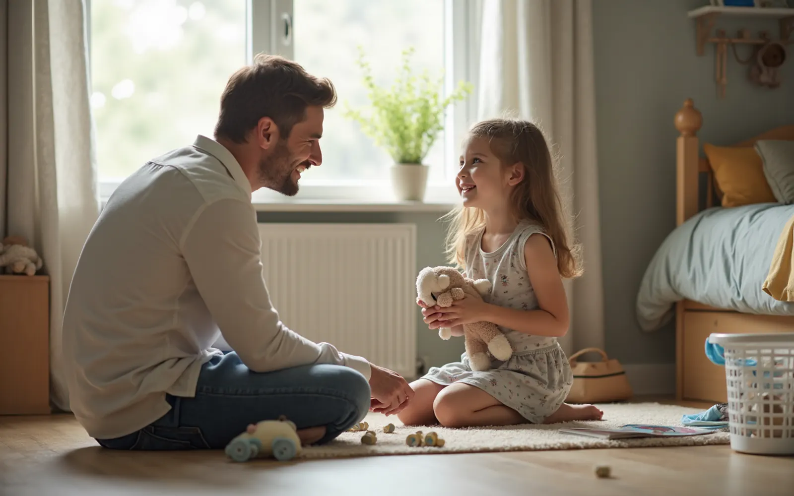 A father sitting on the floor of his daughter’s bedroom, talking with her face to face as she holds a stuffed toy