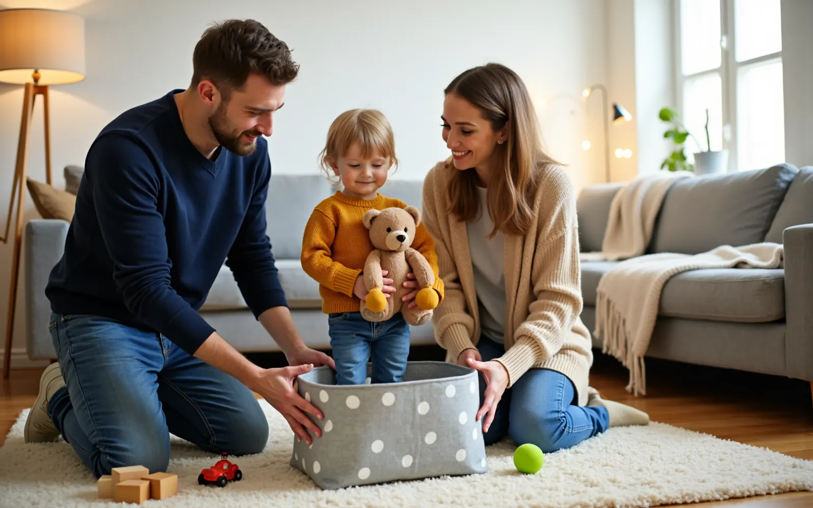 A family of four sitting on the living room floor, putting toys away into fabric bins together