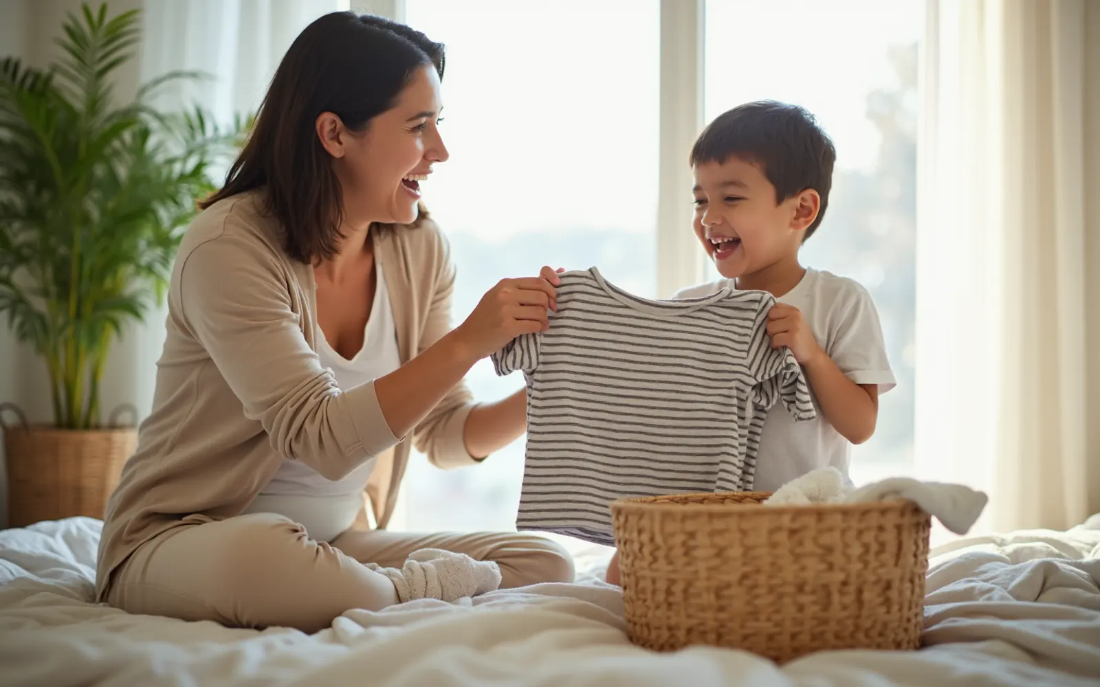 A mother and her young son laughing as they fold laundry together on a bed